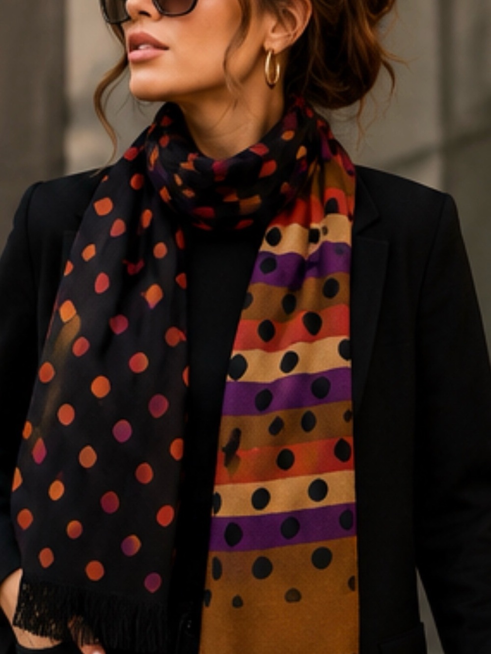 Silk Polka Dot & Stripe Scarf - Black & Rust